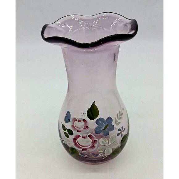 Vintage Fenton Amethyst Purple Glass Floral Hand Painted Vase - Picture 1 of 7